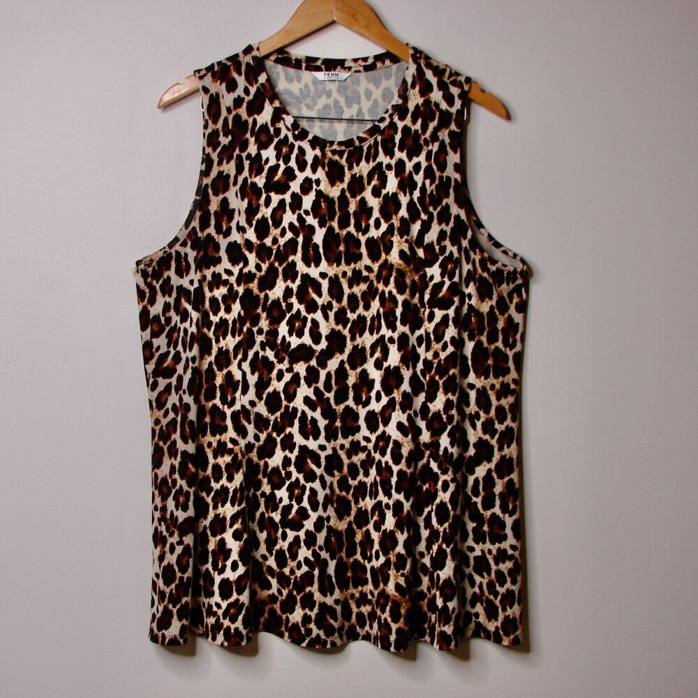 Leopard Print Sleeveless Blouse Tank Top Animal Print Tunic Brown Black Size 1X